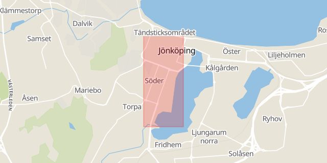 Karta som med röd fyrkant ramar in Jönköping, Barnarpsgatan, Nässjö, Solåsvägen, Västerlånggatan, Eksjö, Jönköpings län