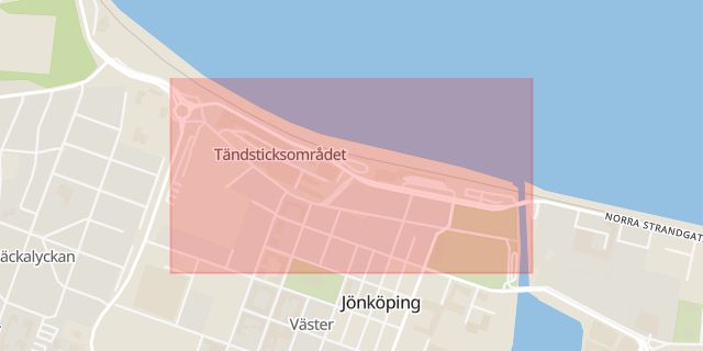 Karta som med röd fyrkant ramar in Jönköping, Habo, Västra Storgatan, Torsvik, Tegelbruksgatan, Liljeholmen, Jönköpings län