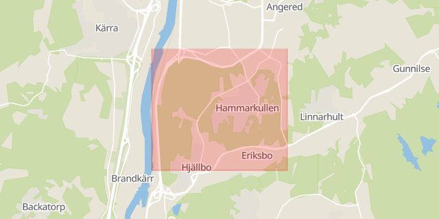 Karta som med röd fyrkant ramar in Hammarkullen, Angered, Göteborg, Västra Götalands län