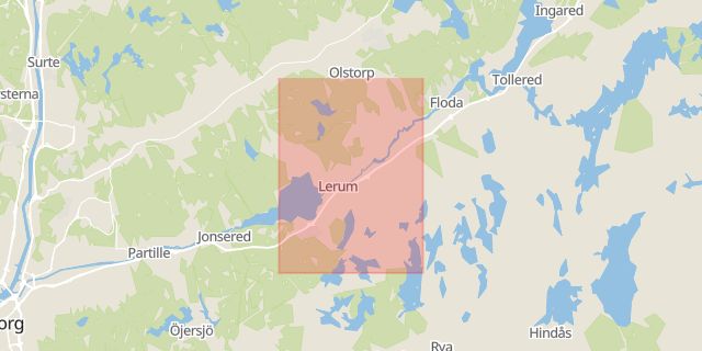 Karta som med röd fyrkant ramar in Tollered, Bergs Väg, Starta, Lagret, Lokal, Lerum, Västra Götalands län