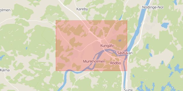 Karta som med röd fyrkant ramar in Gärdet, Kungälvs Sjukhus, Kungälv, Västra Götalands län