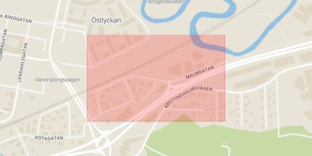 Karta som med röd fyrkant ramar in Alingsås, Malmgatan, Västra Götalands län