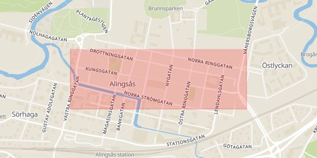 Karta som med röd fyrkant ramar in Hovavägen, Gullspång, Kinnamarksvägen, Kungsgatan, Alingsås, Lidköping, Skånegatan, Borås, Fotskäl, Grästorp, Västra Götalands län