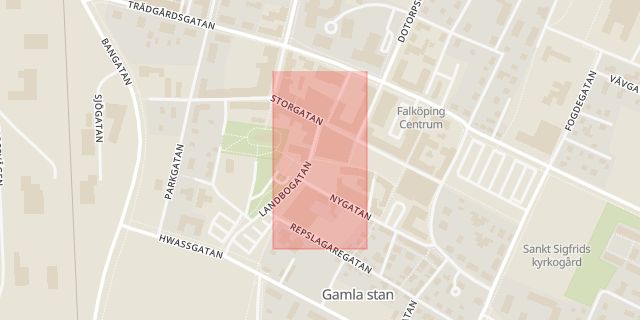Karta som med röd fyrkant ramar in Rådhusgatan, Falköping, Västra Götalands län