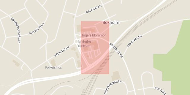 Karta som med röd fyrkant ramar in Postgatan, Boxholm, Östergötlands län