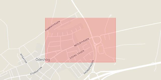 Karta som med röd fyrkant ramar in Mjölbyvägen, Ödeshög, Östergötlands län