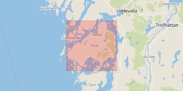 Karta som med röd fyrkant ramar in Orust, Skövde, Göteborg, Brunnsparken, Norra Hamngatan, Tuve, Nolhagavägen, Västra götalands län, Västra Götalands län