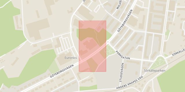 Karta som med röd fyrkant ramar in Packhusgatan, Göteborgsvägen, Uddevalla, Västra Götalands län