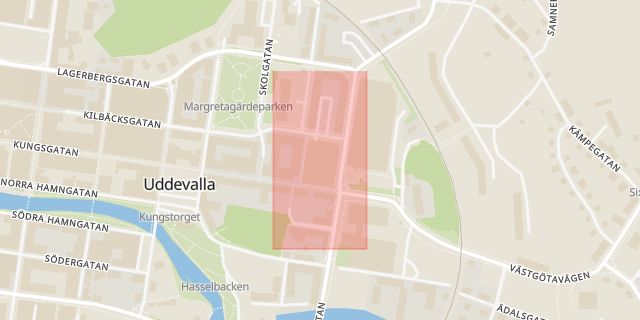 Karta som med röd fyrkant ramar in Lysekilsvägen, Uddevalla, Lysekil, Västra Götalands län