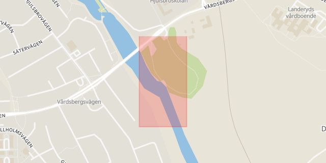 Karta som med röd fyrkant ramar in Hjulsbrobadet, Linköping, Östergötlands län