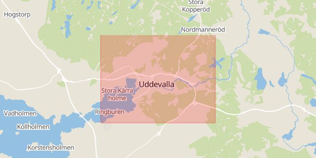Karta som med röd fyrkant ramar in Uddevalla, Göteborg, Torslanda, Mariaplan, Majorna, Västra Götalands län