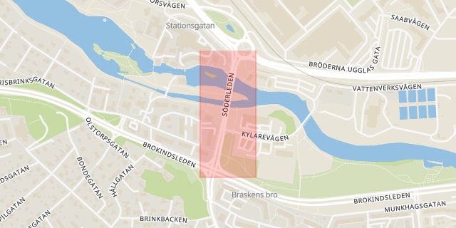 Karta som med röd fyrkant ramar in Braskens Bro, Tannefors, Linköping, Östergötlands län