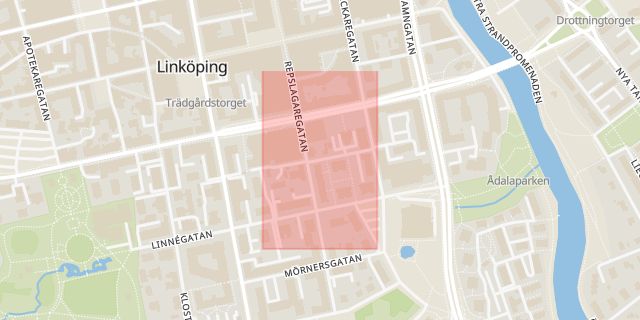 Karta som med röd fyrkant ramar in Isidor Kjellbergs Gränd, Larsgatan, Trädgårdstorget, Linköping, Östergötlands län