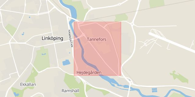Karta som med röd fyrkant ramar in Gamla Tanneforsvägen, Linköping, Östergötlands län