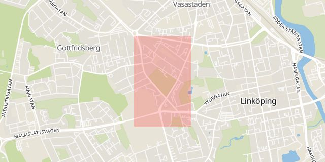 Karta som med röd fyrkant ramar in Östgötagatan, Västra Vägen, Linköping, Östergötlands län