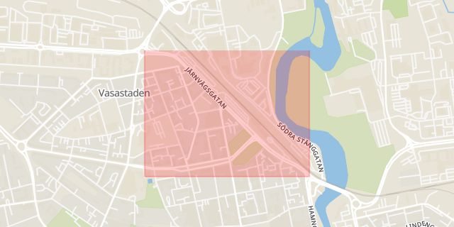 Karta som med röd fyrkant ramar in Stångån, Järnvägsgatan, Linköping, Östergötlands län