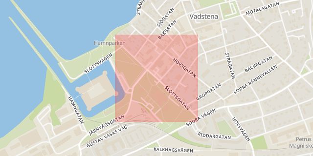 Karta som med röd fyrkant ramar in Slottsgatan, Vadstena, Östergötlands län