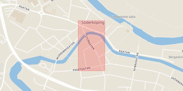 Karta som med röd fyrkant ramar in Storgatan, Söderköping, Östergötlands län