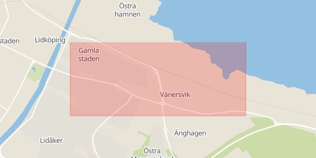 Karta som med röd fyrkant ramar in Skaragatan, Lidköping, Västra Götalands län