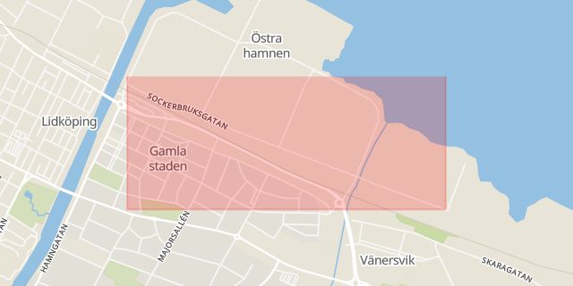 Karta som med röd fyrkant ramar in Sockerbruksgatan, Lidköping, Västra Götalands län