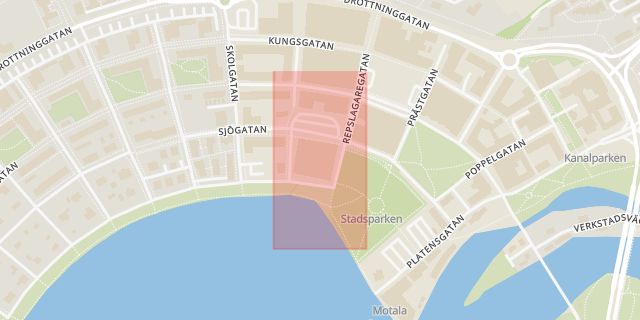 Karta som med röd fyrkant ramar in Biblioteket, Repslagaregatan, Motala, Östergötlands län