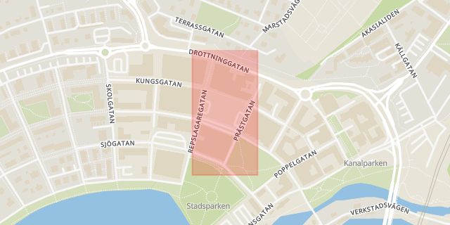 Karta som med röd fyrkant ramar in Charlottenborgs Centrum, Stora Torget, Motala, Östergötlands län