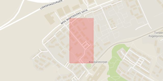 Karta som med röd fyrkant ramar in Klockaretorpet, Norrköping, Östergötlands län