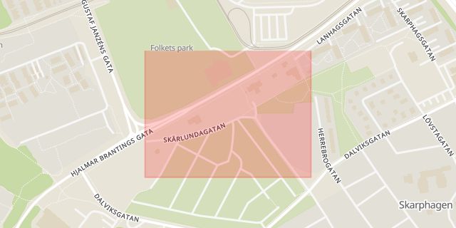 Karta som med röd fyrkant ramar in Skarphagen, Skärlundagatan, Norrköping, Östergötlands län