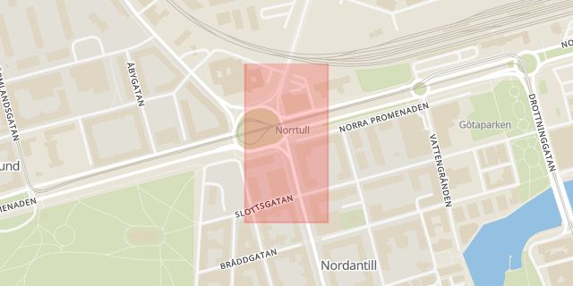 Karta som med röd fyrkant ramar in Norra Promenaden, Kungsgatan, Nygatan, Norrköping, Östergötlands län