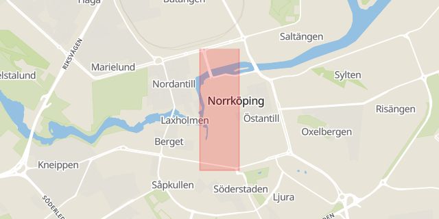 Karta som med röd fyrkant ramar in Östergötland, Drottninggatan, Norrköping, Kvarn, Motala, Östergötlands län