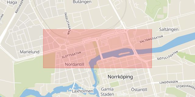 Karta som med röd fyrkant ramar in Slottsgatan, Norrköping, Östergötlands län