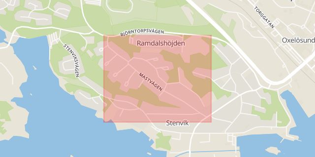 Karta som med röd fyrkant ramar in Mastvägen, Oxelösund, Södermanlands län