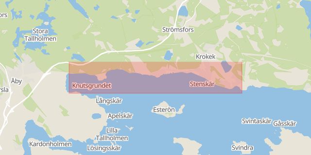 Karta som med röd fyrkant ramar in Strandvägen, Krokek, Kolmården, Norrköping, Östergötlands län