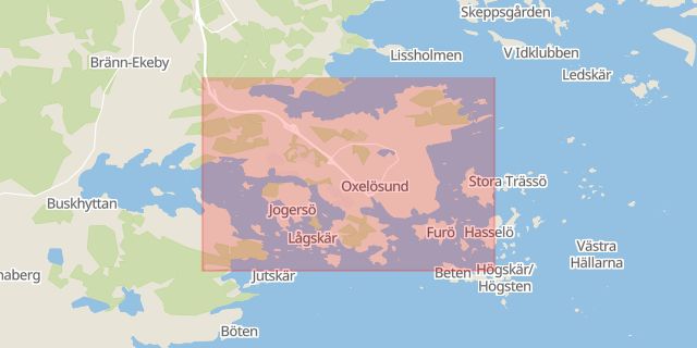 Karta som med röd fyrkant ramar in Nyköpings Kommun, Oxelösund, Södermanlands län
