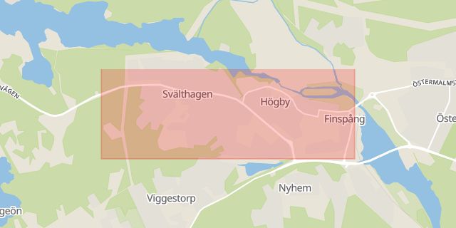 Karta som med röd fyrkant ramar in Bergslagsvägen, Slottsvägen, Finspång, Östergötlands län