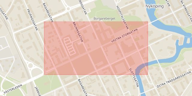 Karta som med röd fyrkant ramar in Storgatan, Nyköping, Södermanlands län
