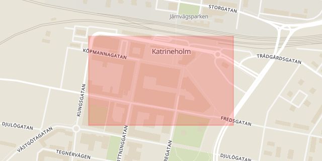 Karta som med röd fyrkant ramar in Köpmangatan, Katrineholm, Södermanlands län