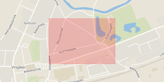 Karta som med röd fyrkant ramar in Slottsvägen, Vingåker, Södermanlands län