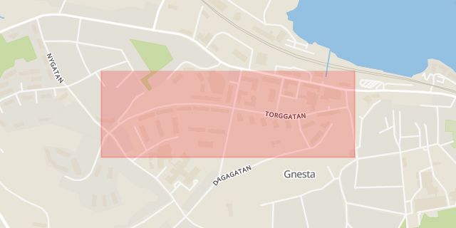 Karta som med röd fyrkant ramar in Torggatan, Gnesta, Södermanlands län