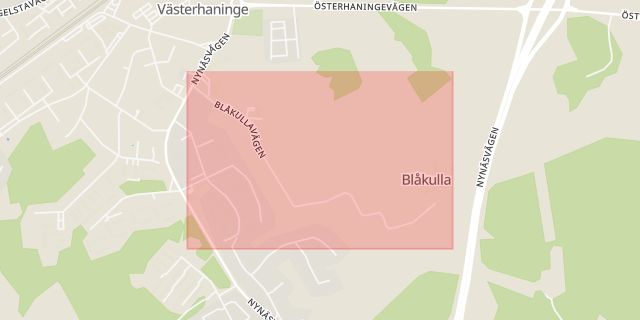 Karta som med röd fyrkant ramar in Blåkullavägen, Haninge, Stockholms län