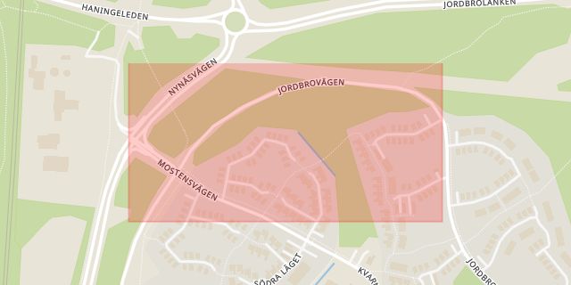 Karta som med röd fyrkant ramar in Jordbro, Södra Jordbrovägen, Haninge, Stockholms län
