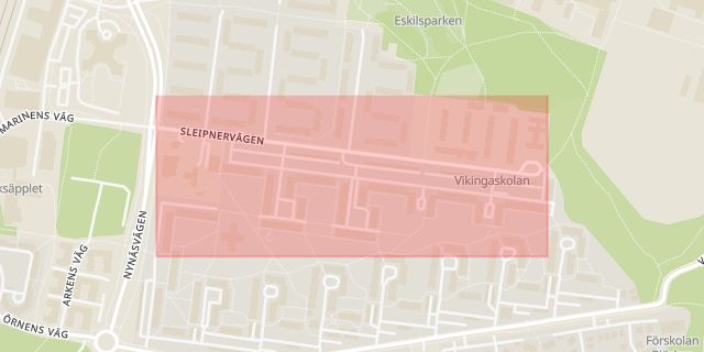 Karta som med röd fyrkant ramar in Sleipnergatan, Haninge, Stockholms län
