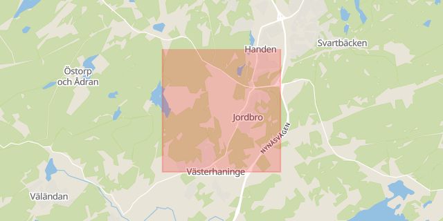 Karta som med röd fyrkant ramar in Trafikplats Jordbro, Haninge, Stockholms län