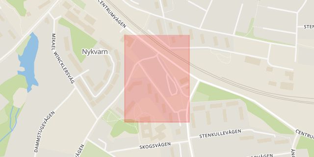 Karta som med röd fyrkant ramar in Lundavägen, Nykvarn, Stockholms län