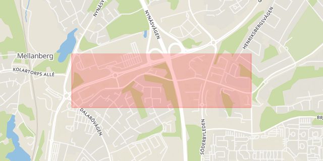 Karta som med röd fyrkant ramar in Vendelsövägen, Brandbergen, Haninge, Stockholms län