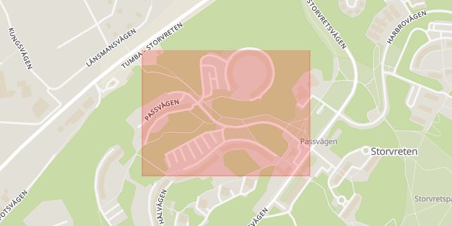Karta som med röd fyrkant ramar in Passvägen, Tumba, Botkyrka, Stockholms län