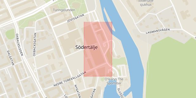 Karta som med röd fyrkant ramar in Södertälje Centrum, Rådhusgatan, Södertälje, Stockholms län