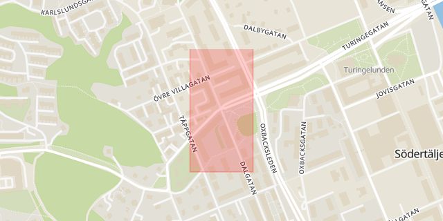 Karta som med röd fyrkant ramar in Holmfastvägen, Turingegatan, Södertälje, Stockholms län