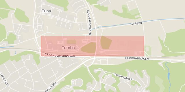 Karta som med röd fyrkant ramar in Tumba, Munkhättevägen, Botkyrka, Stockholms län