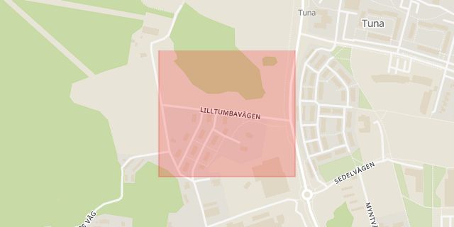 Karta som med röd fyrkant ramar in Lilltumbavägen, Botkyrka, Stockholms län